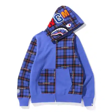 can you please write high quality product description for Bape Logo Check Shark Full Zipper Hoodie