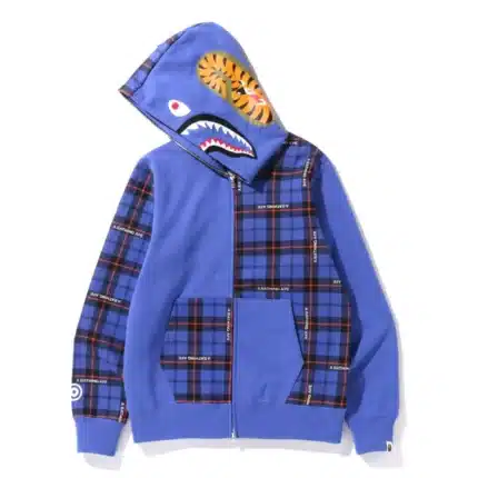 can you please write high quality product description for Bape Logo Check Shark Full Zipper Hoodie